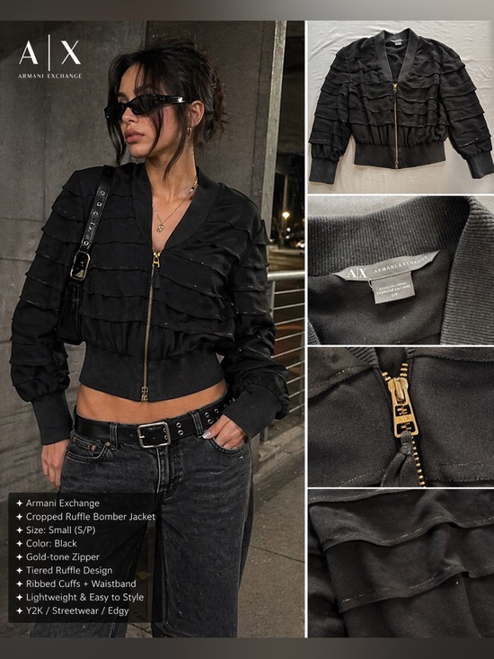Armani Exchange Jackets & Blazers - Armani Exchange Black Cropped Ruffle Bomber Jacket with Gold Zipper Size S